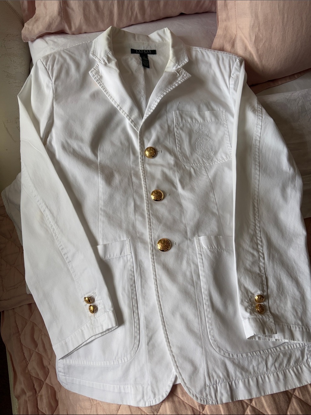 Lauren Ralph Lauren White Cotton Blazer with Gold Buttons and LRL crest pocket.